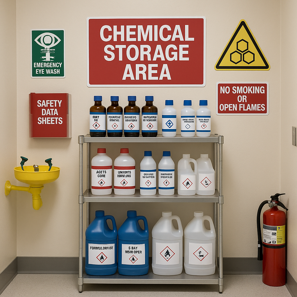 A well-organized chemical storage area in a health